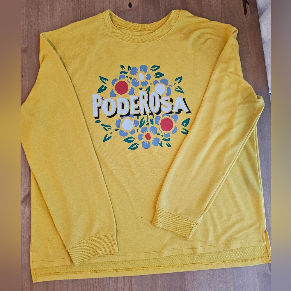 szL Yellow Graphic Sweatshirt PODEROSA Floral Spring‎ Summer Fall Flowers Femme